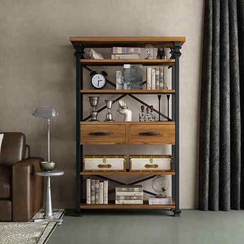 美式复古储艺实木置物架厅客多层落地ZWJ21022书柜铁简约带抽屉隔