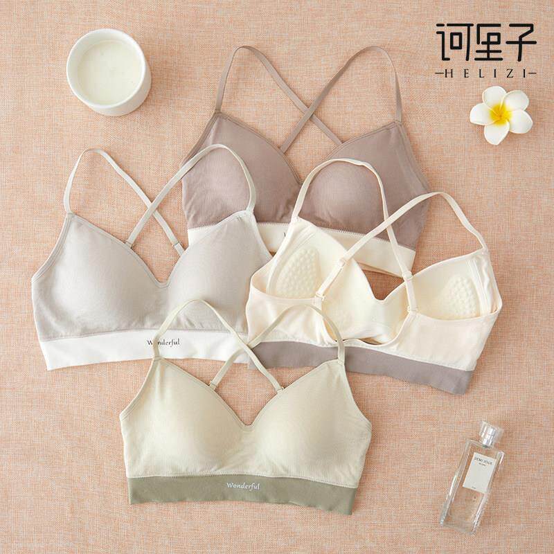 棉固定杯一体式运动美背文胸V领透气小胸抹胸少女内衣交叉带背心