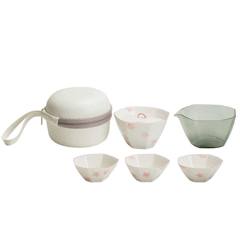 观策器隐纯手绘粉梅花旅行茶具套装便携快客杯户外功夫茶杯泡茶壶