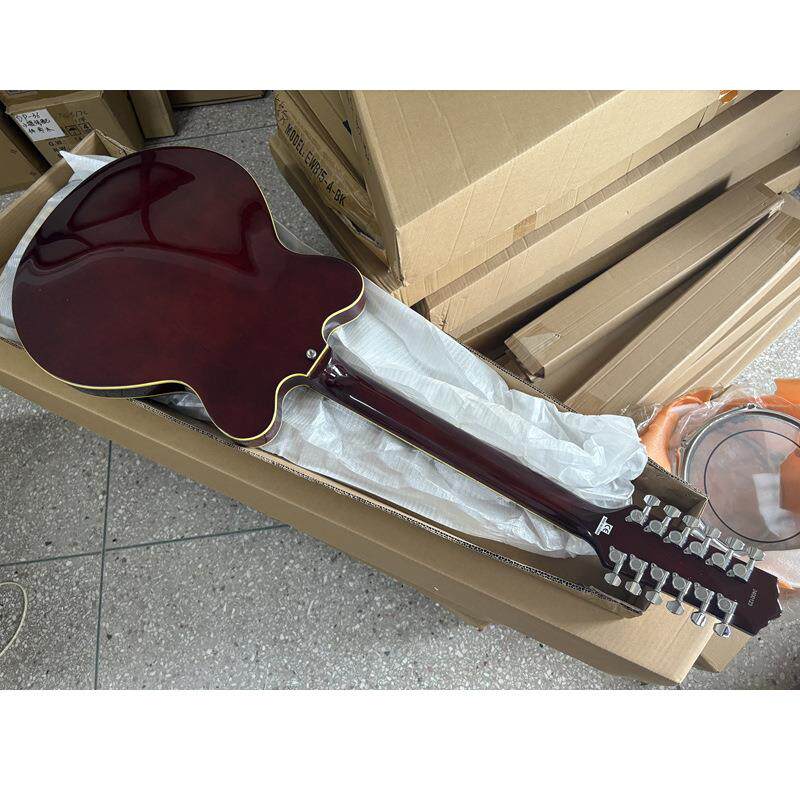 12弦棕色虎纹亮光全空心F孔复古电吉他