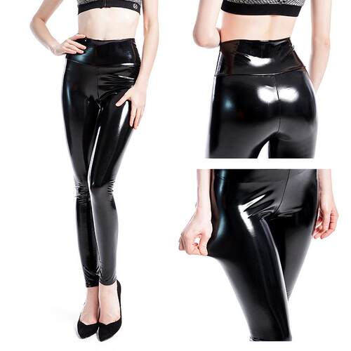 Glued mirror leggings, high waisted latex shiny leather