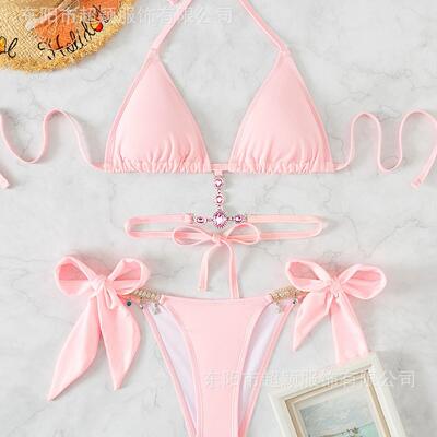 Women ' s Halter Tie Back Triangle Bra & Ring Linked Panty
