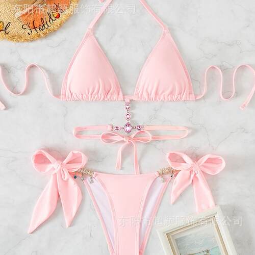Women ' s Halter Tie Back Triangle Bra & Ring Linked Panty