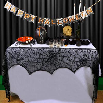 Hallowen Spider Tablecloth Black Lace Cobweb Fireplace Cover