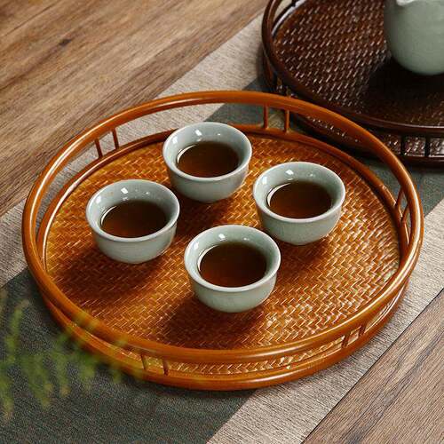 竹编茶盘家用圆形茶台日式竹制托盘干泡台端奉茶盘复古茶具收纳盘