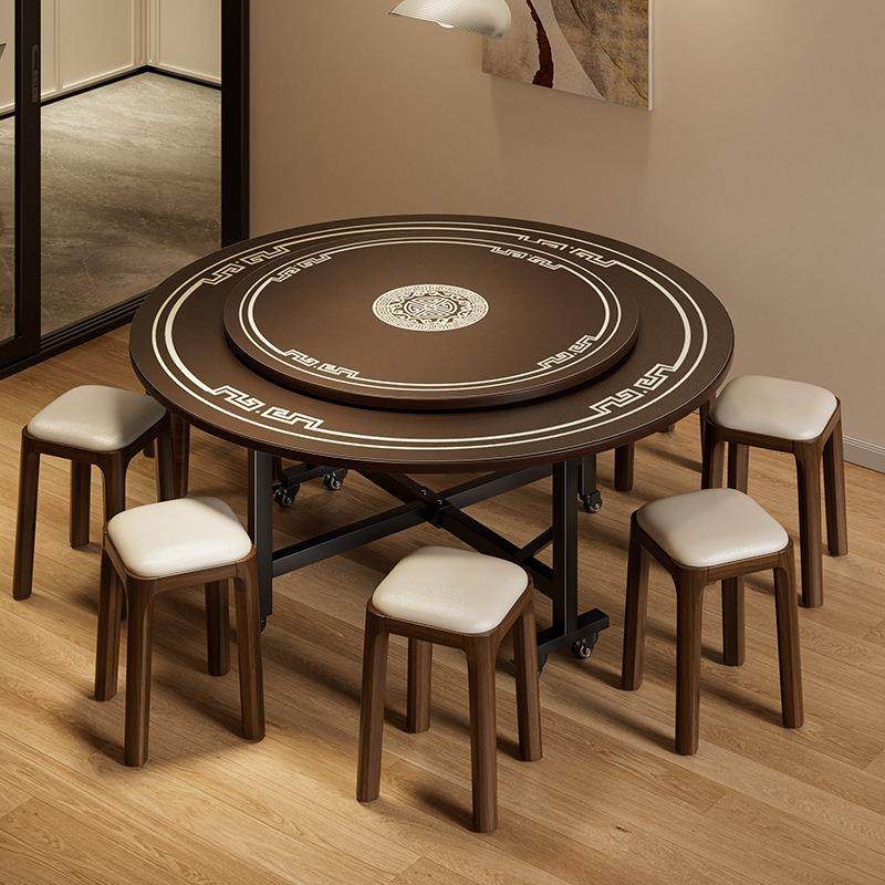 折叠餐桌中式家用转盘圆桌可移动免安装12人圆形饭桌餐厅出租屋用