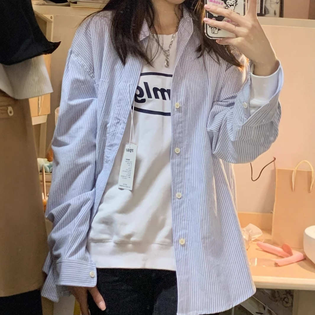 新款条纹衬衫上衣女春秋韩系宽松设计感小众初秋长袖衬衣休闲外套