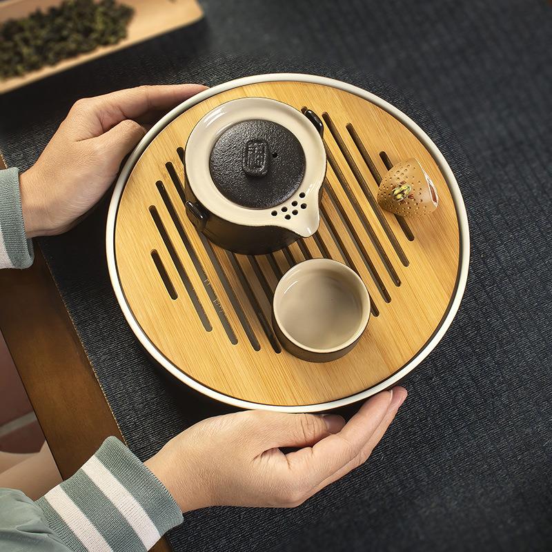 淘瓷八 家用茶盘圆形储水功夫茶具干泡茶道重竹制小托盘简约茶台