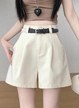 杏色洗水棉工装短裤女夏季小个子高腰a字阔腿裤显瘦休闲三分热裤