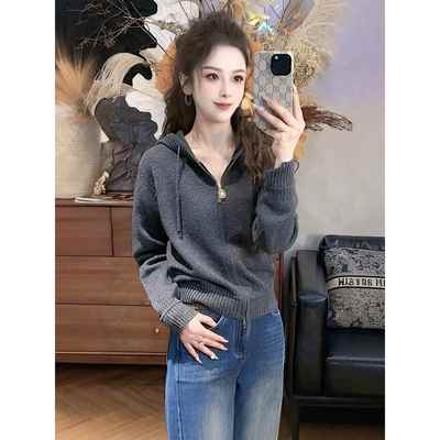 连帽短款拉炼针织开衫毛衣女款2025新款爆款内搭可外穿针织衫上衣