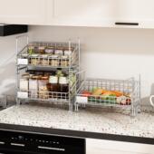 新款 调味品置物架厨房台面水果蔬菜收纳筐家用免打孔不锈钢收纳层