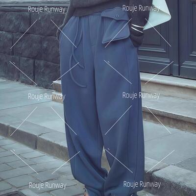 法式Rouje Runway春秋新款蓝色加绒休闲卫裤子女设计感阔腿裤长裤