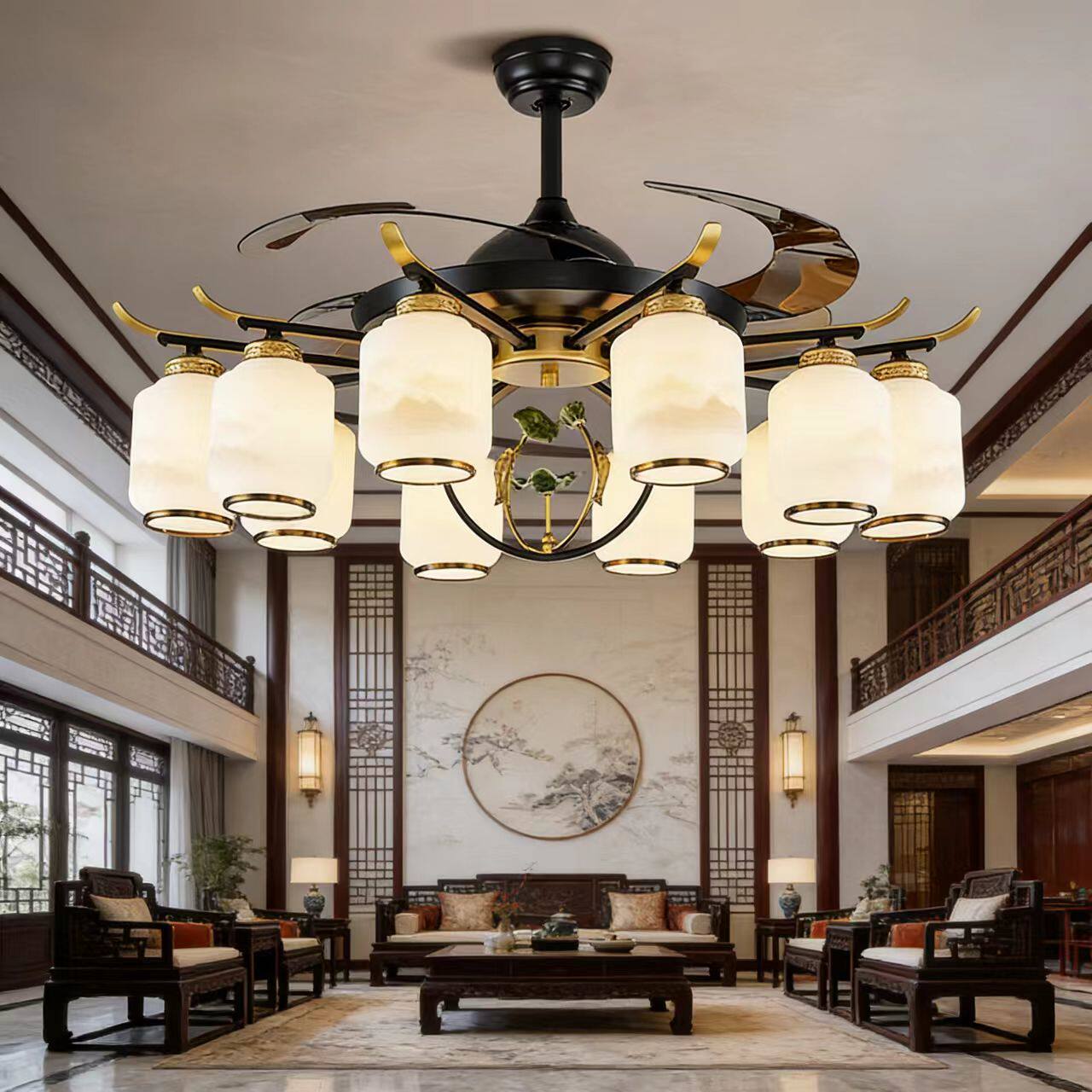 新中式隐形风扇客厅灯吊扇灯2026新款中国风吸顶家用餐厅别墅吊灯