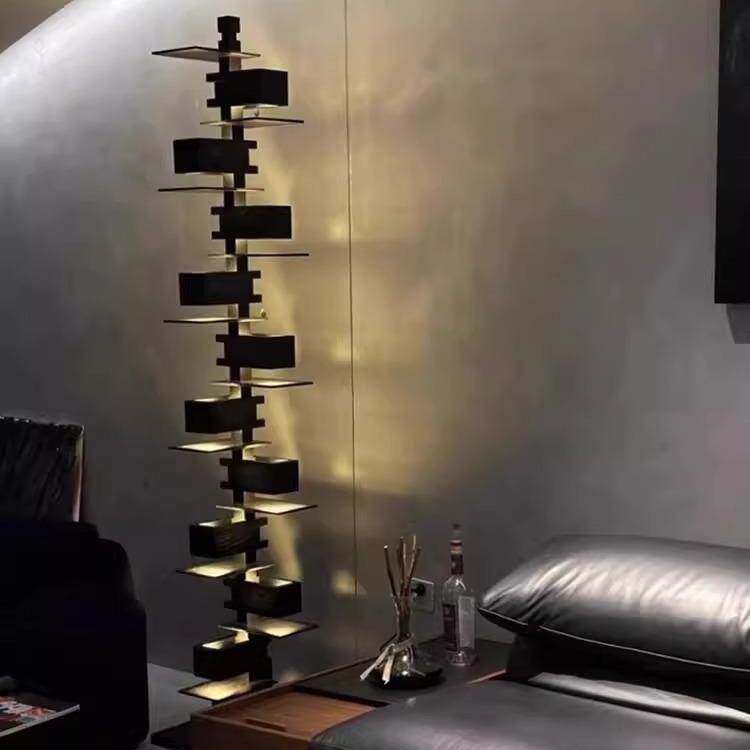 流水别墅落地灯 设计师简约客厅仿木纹 光影艺术摆件装饰灯