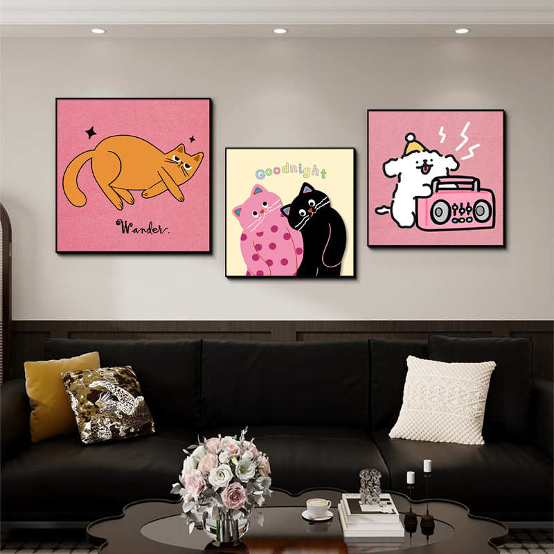 多巴胺奶油风客厅装饰画波点猫儿童卧室床头挂画趣味卡通餐厅壁画图片