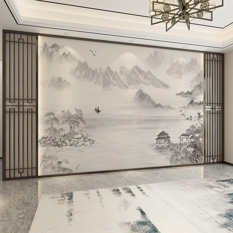 竹木纤维集成护墙板电视背景墙碳晶板客厅卧室新款中式山水画扣板