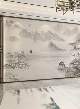 竹木纤维集成护墙板电视背景墙碳晶板客厅卧室新款中式山水画扣板