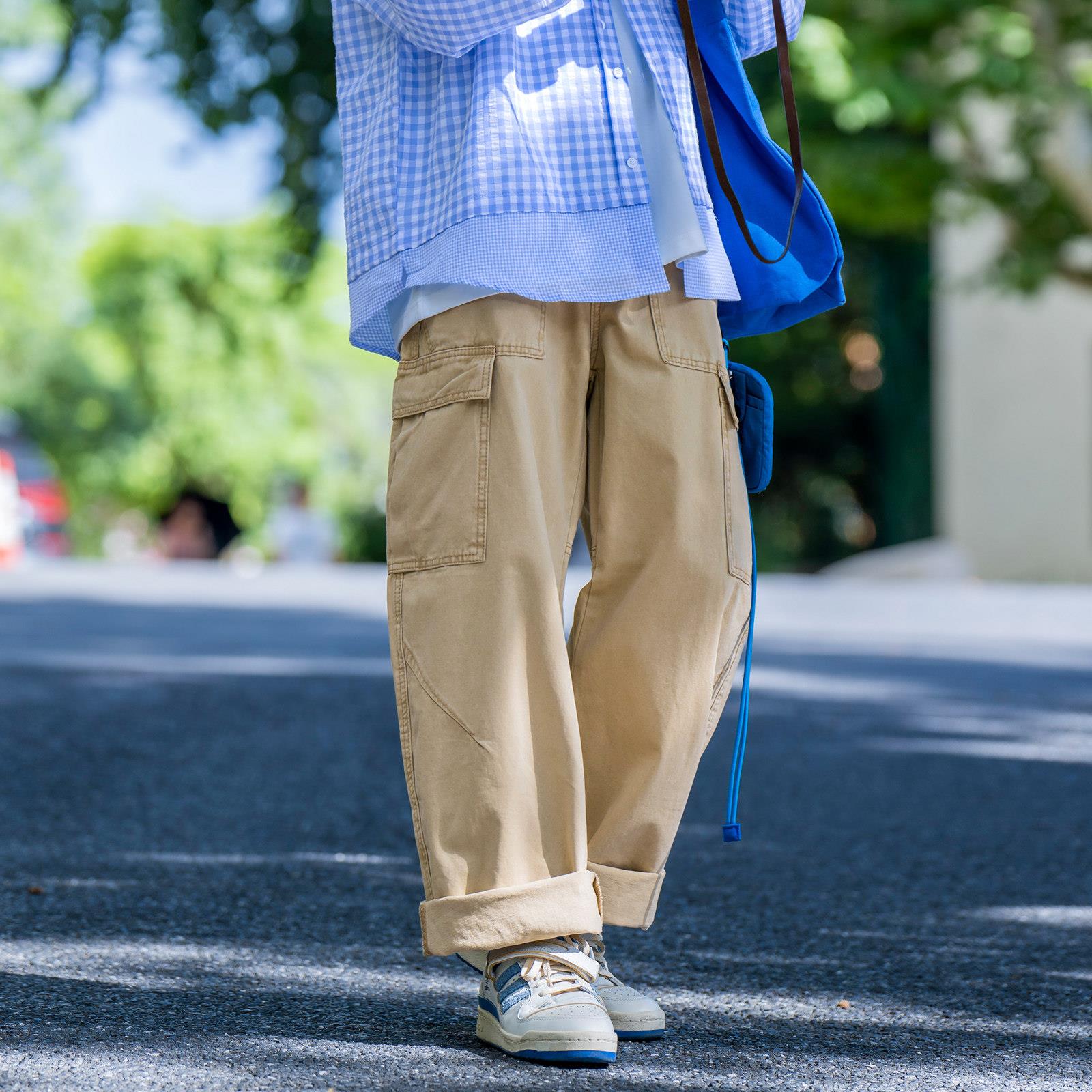 DNT STP日系复古直筒工装裤宽松男生Cityboy休闲口袋卡其弯刀裤子