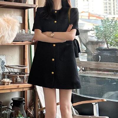 专柜小香风黑色连衣裙女2025夏季新款高级感洋气韩版宽松显瘦短裙