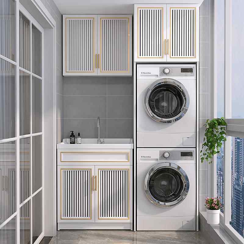 阳台双机柜组合洗衣柜太空铝洗衣机烘干机叠放一体定制水池洗手盆