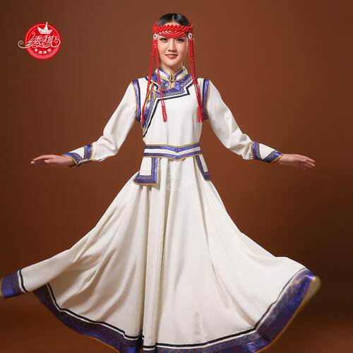 正品新款蒙蒙古服装女民族风族成服饰演出服舞蹈内蒙袍草人大摆长