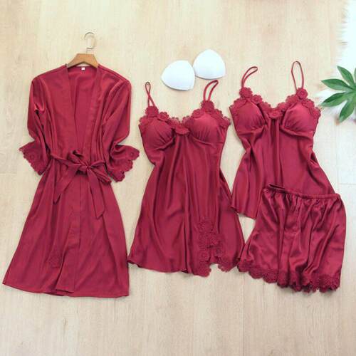 women Pajamas 4-piece suit women silk lace pajamas set