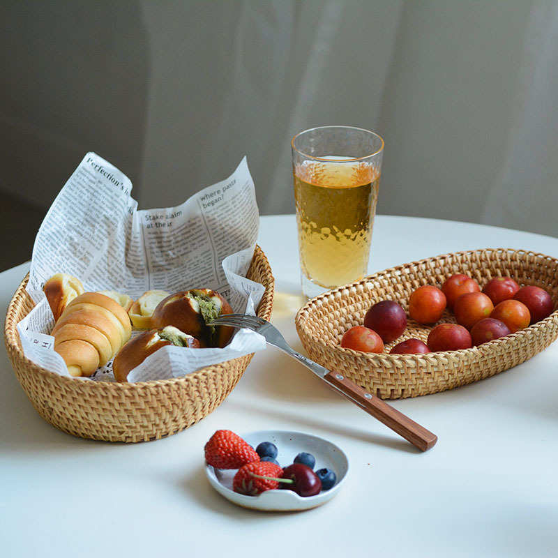 披萨筐桌面杂物茶几编织篮藤编水果盘零食筐面包餐桌北欧出口馒头