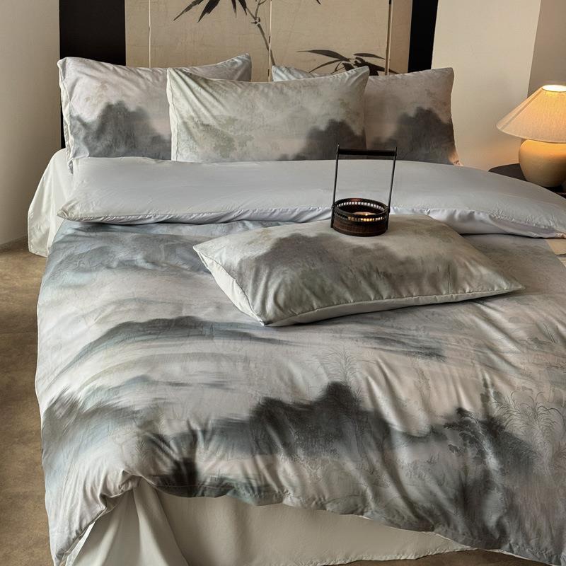 0柔25四件套新款新国风仿色织提花码数印花水洗棉四件套舒适细2腻