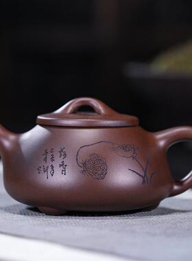 A524宜兴原矿紫泥经典景舟石瓢翠鸟望莲240毫升紫砂茶壶手工