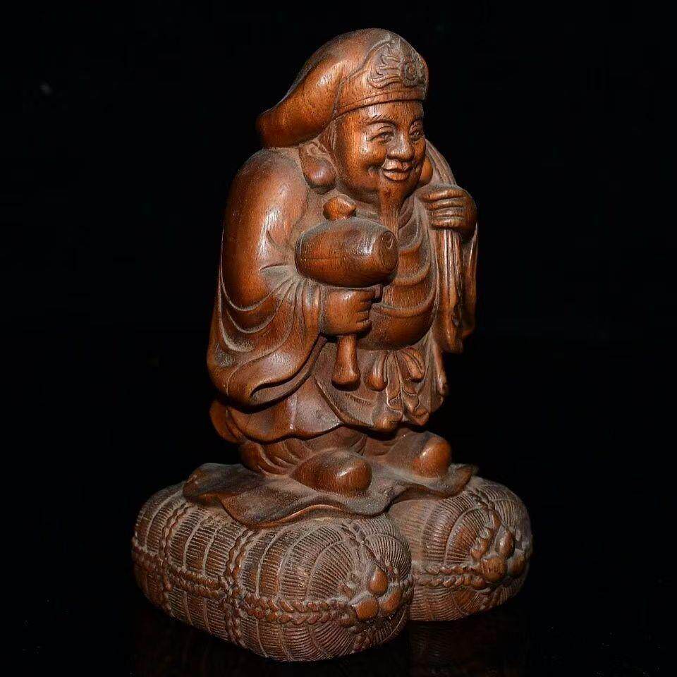 旧藏黄杨木雕大黑天财神摆件摆件实木笑佛中式客厅玄关店铺收藏