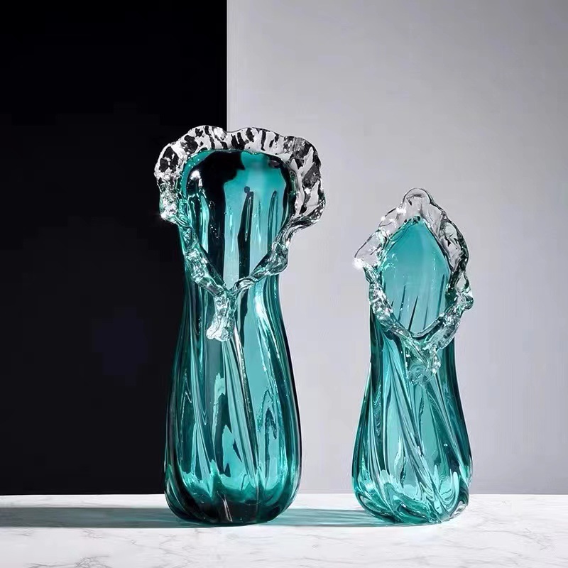 摆件装饰玻璃现代艺品波浪蓝色花边样板间设计师手工花瓶浪漫