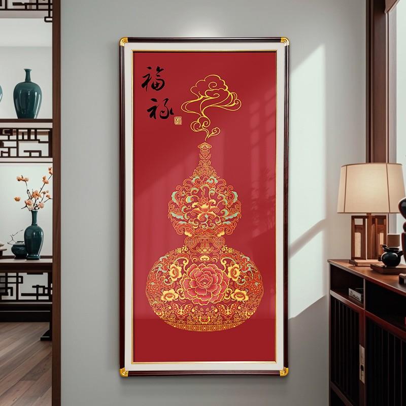 新中式玄关装饰画立体浮雕描金葫芦挂画实木边框高档烫金走廊壁画