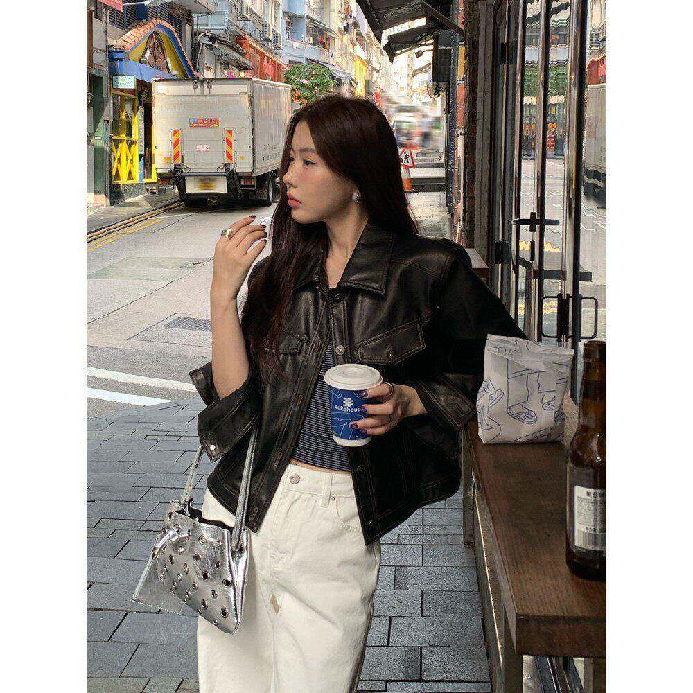 Coex Mall 首尔 ◆都市酷感~韩国春季黑棕短款正肩皮衣外套女夹克