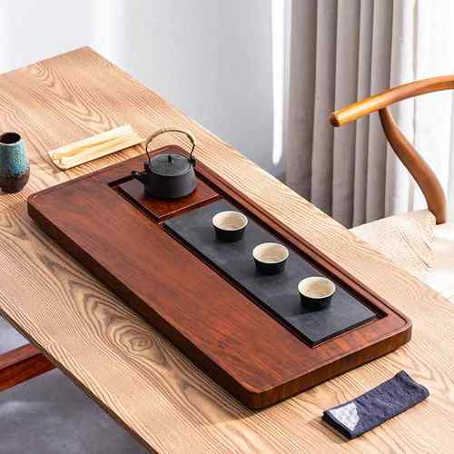 享林茶具/茶盘家用简约整块排水茶台乌金石头花梨茶海功夫日式