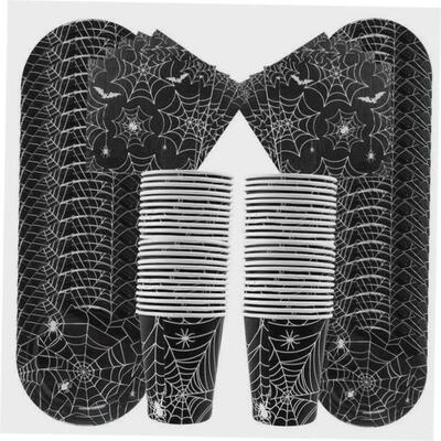 Halloween Party Spider Web Disposable Tableware Set Black Pa