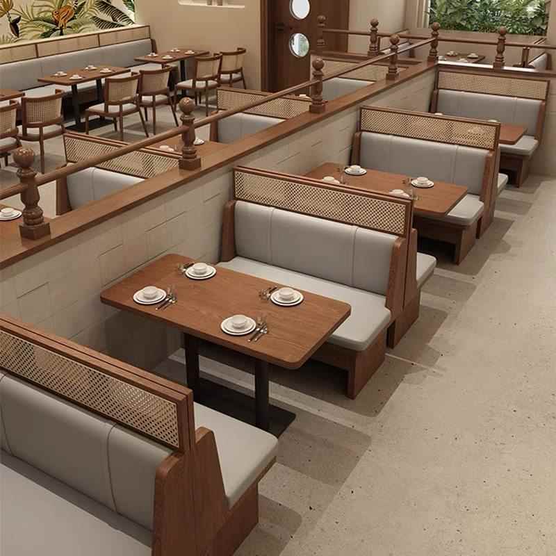 主题餐厅卡座沙发定制茶楼餐饮店藤编实木饭店火锅烧烤店桌椅组合