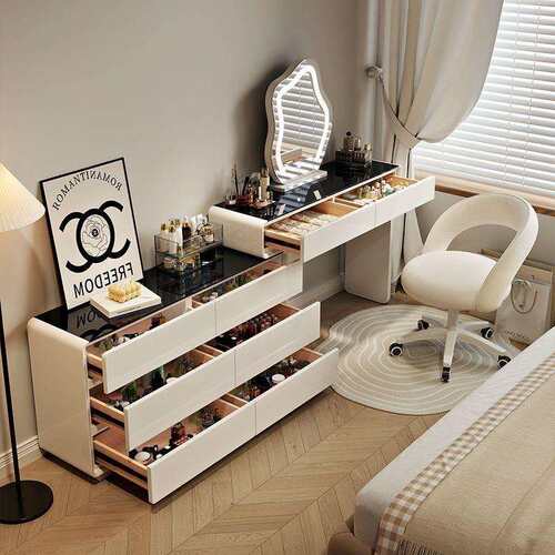 卡杰超窄化妆台奶油风现代简约轻奢卧室梳妆台一体伸缩斗柜