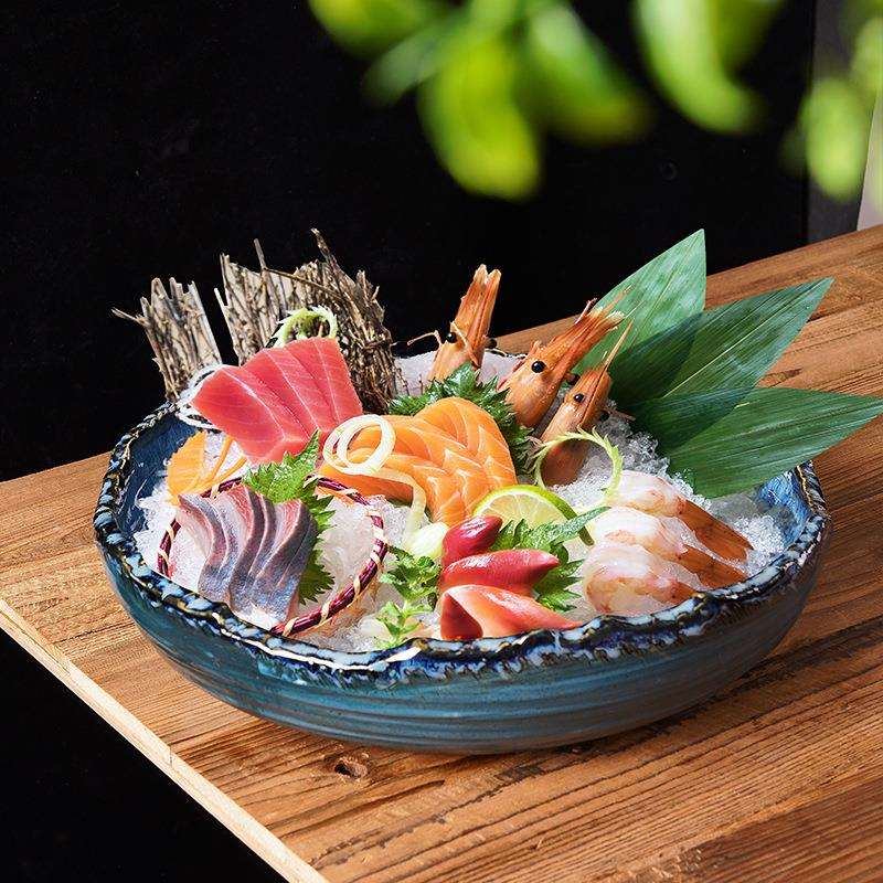 日式料理餐具复古陶瓷刺身盘高档海鲜拼盘三文鱼冰盘创意造型大碗