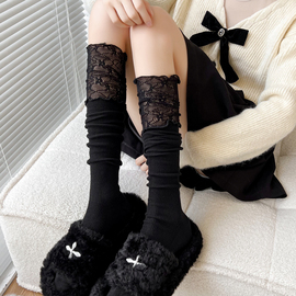 秋冬黑色过膝袜高筒大腿袜，蕾丝花边中筒袜，堆堆袜小腿袜白色长筒袜