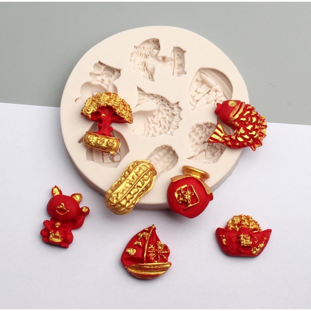 小鱼招财猫酒坛帆船发财树元宝翻糖巧克力硅胶模具老人生日快乐