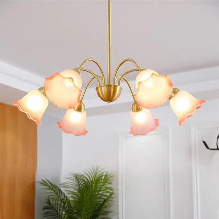 t620美式轻奢古花朵全铜e吊灯vinag中古餐厅主卧室灯具法式复客厅