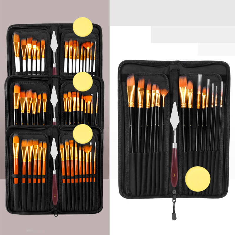 跨境 15支油画笔 帆布包套装尼龙毛初学者水粉颜料水彩画美术画笔