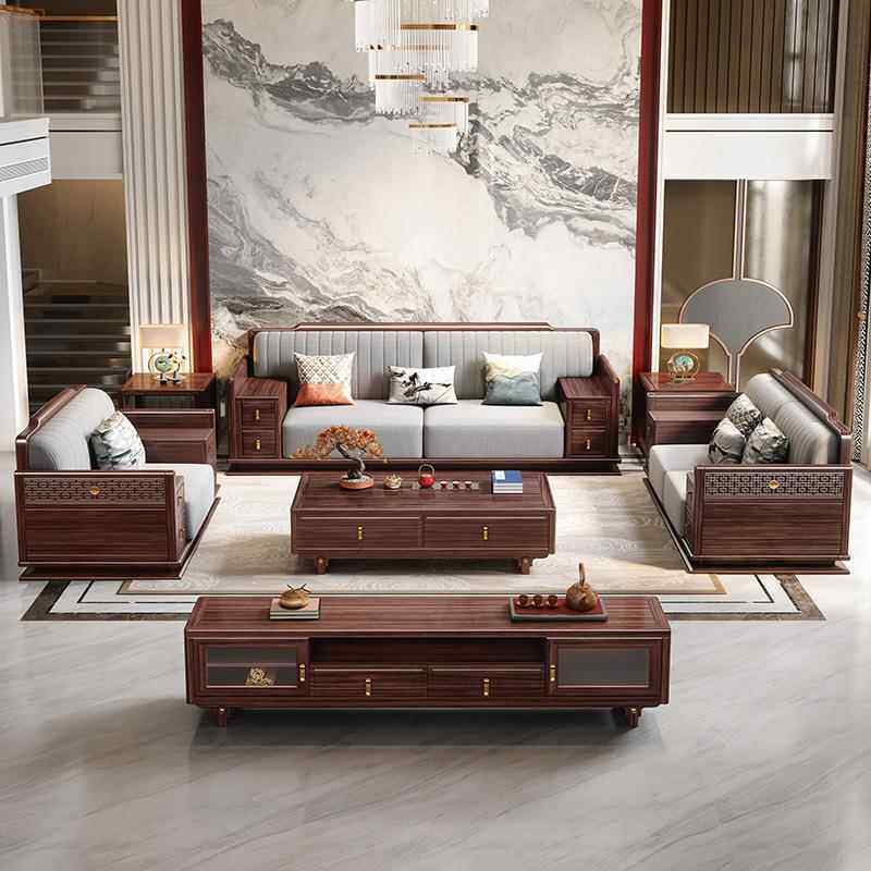 新中式乌金木全实木沙发户花型别墅DFO高客档厅大现代家用组合雕