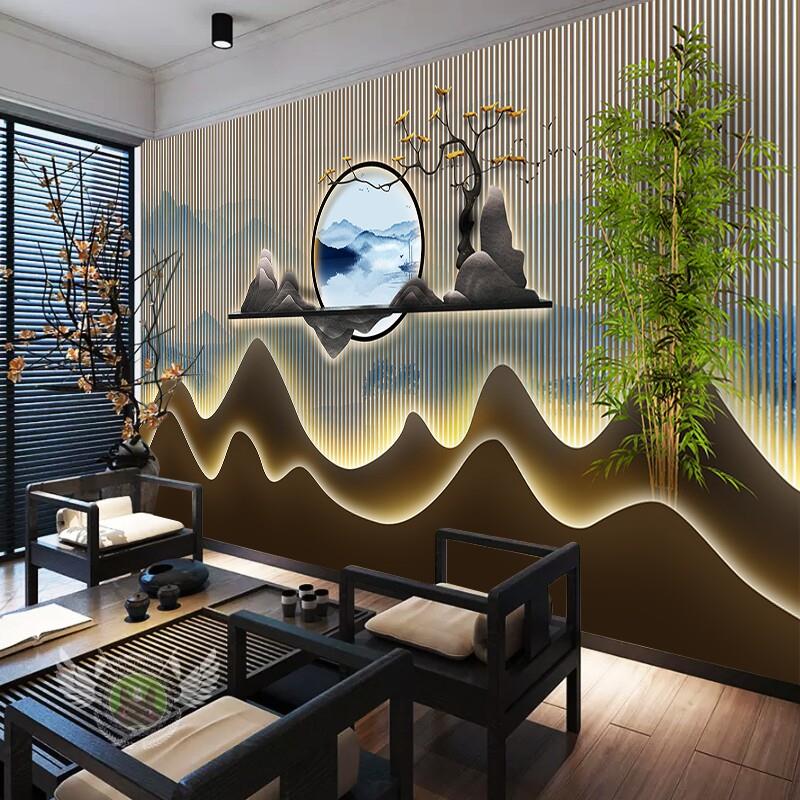 3D新中式装修古风壁纸办公室山水墨装饰直播背景壁画 画茶室墙壁