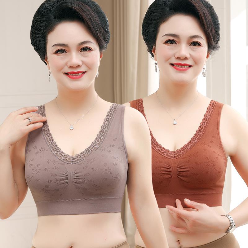 中老年文胸无钢圈大尺码运动内衣女新款老年人聚拢奶罩中年妈妈胸