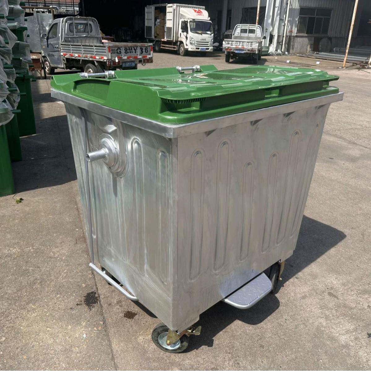1100L热镀锌户外金属垃圾箱防锈防火四轮脚踏塑料盖镀锌板垃圾桶