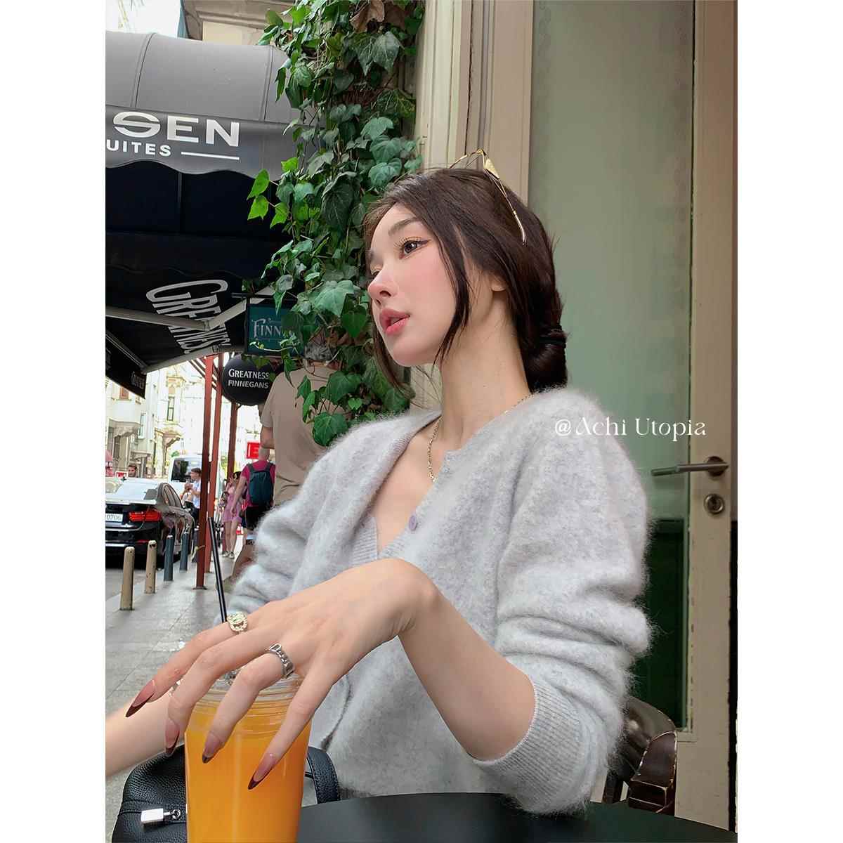 ACHI大也池灰色山羊绒拉毛针织开衫女慵懒羊毛单排扣毛衣外套上衣