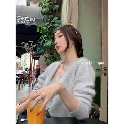 ACHI大也池灰色山羊绒拉毛针织开衫女慵懒羊毛单排扣毛衣外套上衣