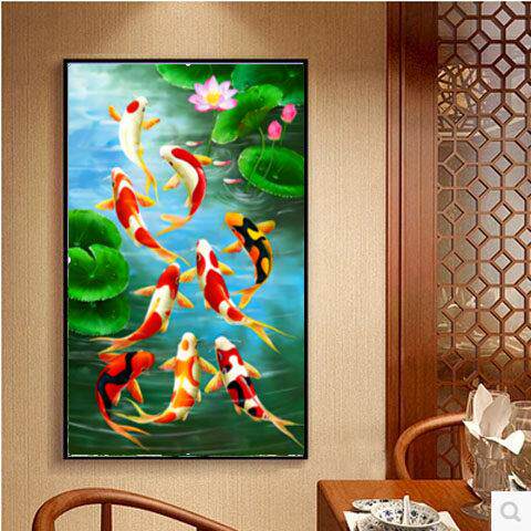 荷花九鱼图十字绣2022新线绣客厅小竖版入口走廊手绣