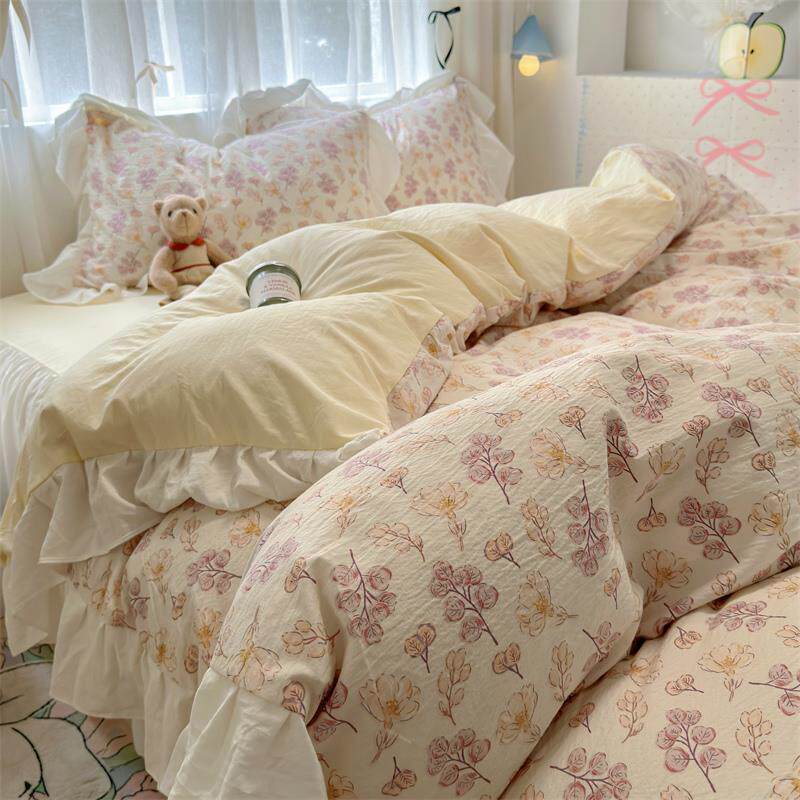 高档韩床式风花边床件上用品四件8套少女心纯棉单被套1.5/1.m宿舍